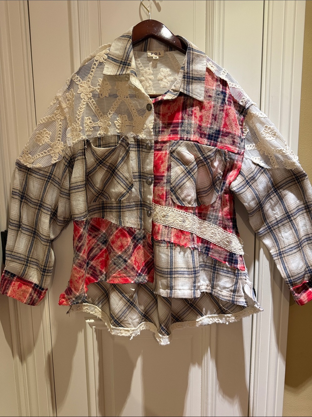 POL Vintage Inspired Mixed Patchwork w/ Lace Plaid Shacket - Red & Cream-NWOT-M